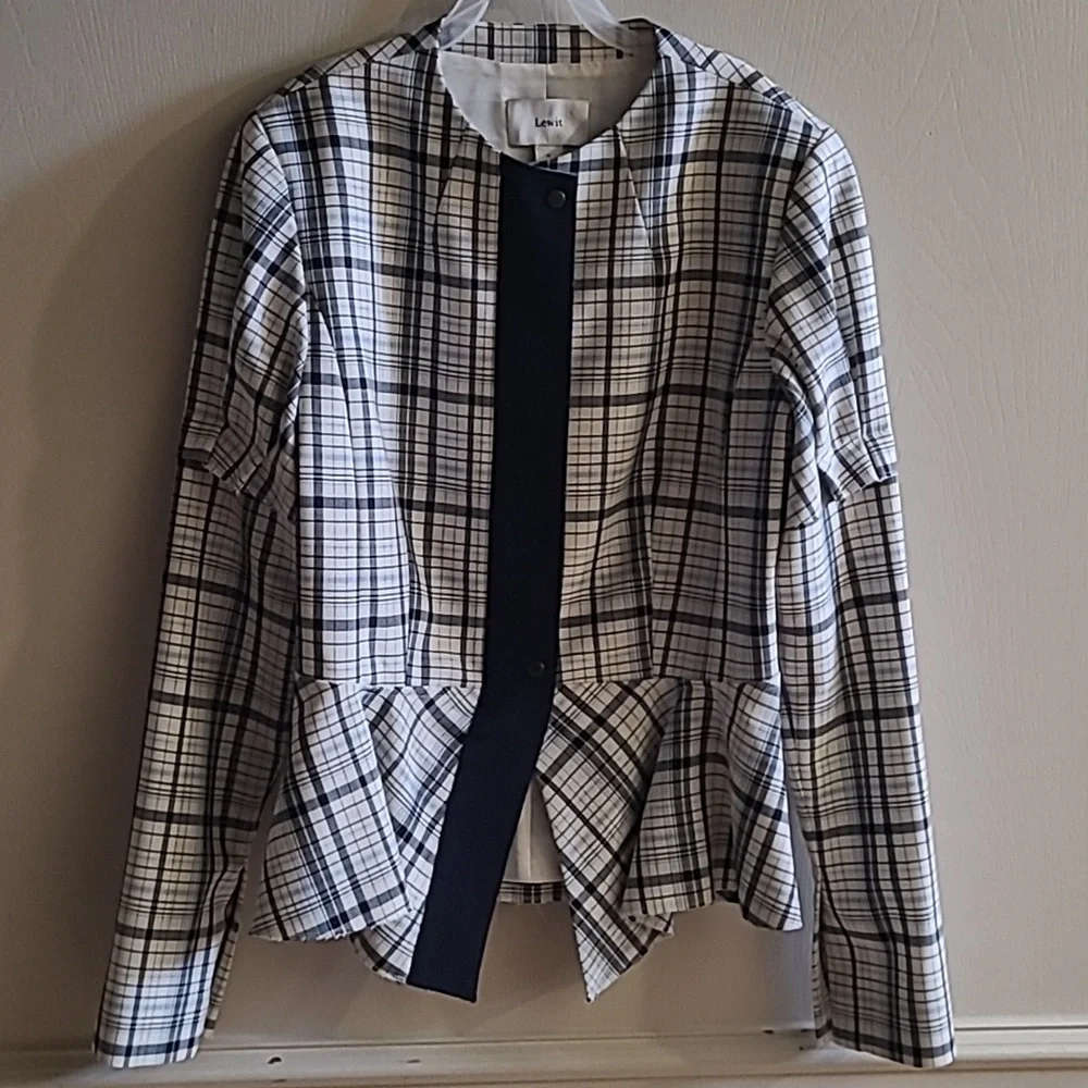 LEWIT WHITE & BLUE CHECK PLAID VIRGIN WOOL RAW EDGE PEPLUM JACKET Sz S - Picture 4 of 8